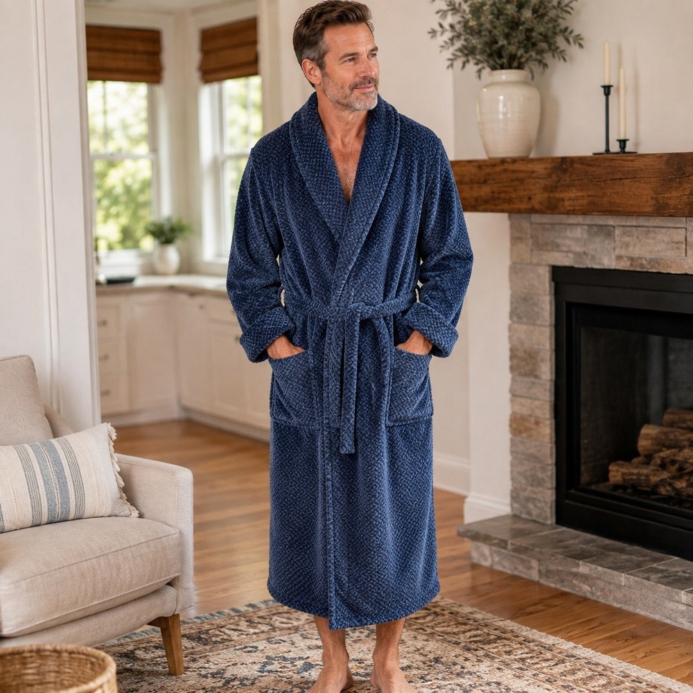 Tommy Bahama Men's Plush Bath Robe Blue Shawl Collar Belted L/XL